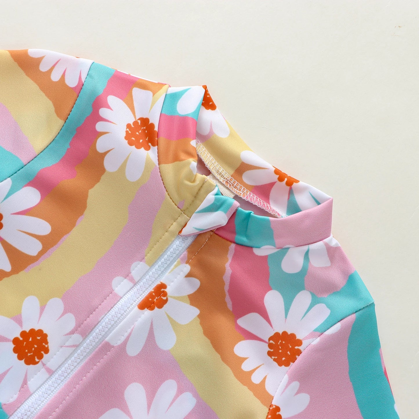 0-4Y Summer Kid Girl Romper Swimsuit 2pcs Long Sleeve Ruffles Flowers Printed Zipper Beach Swimwear + Hat