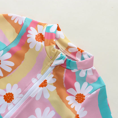 0-4Y Summer Kid Girl Romper Swimsuit 2pcs Long Sleeve Ruffles Flowers Printed Zipper Beach Swimwear + Hat