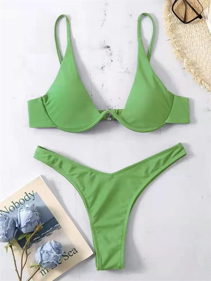 Bikini Women Solid Red Push Up Bra Thong Swimsuit Haler V Neck Bathing Suit Mini Micro Thong Swimwear