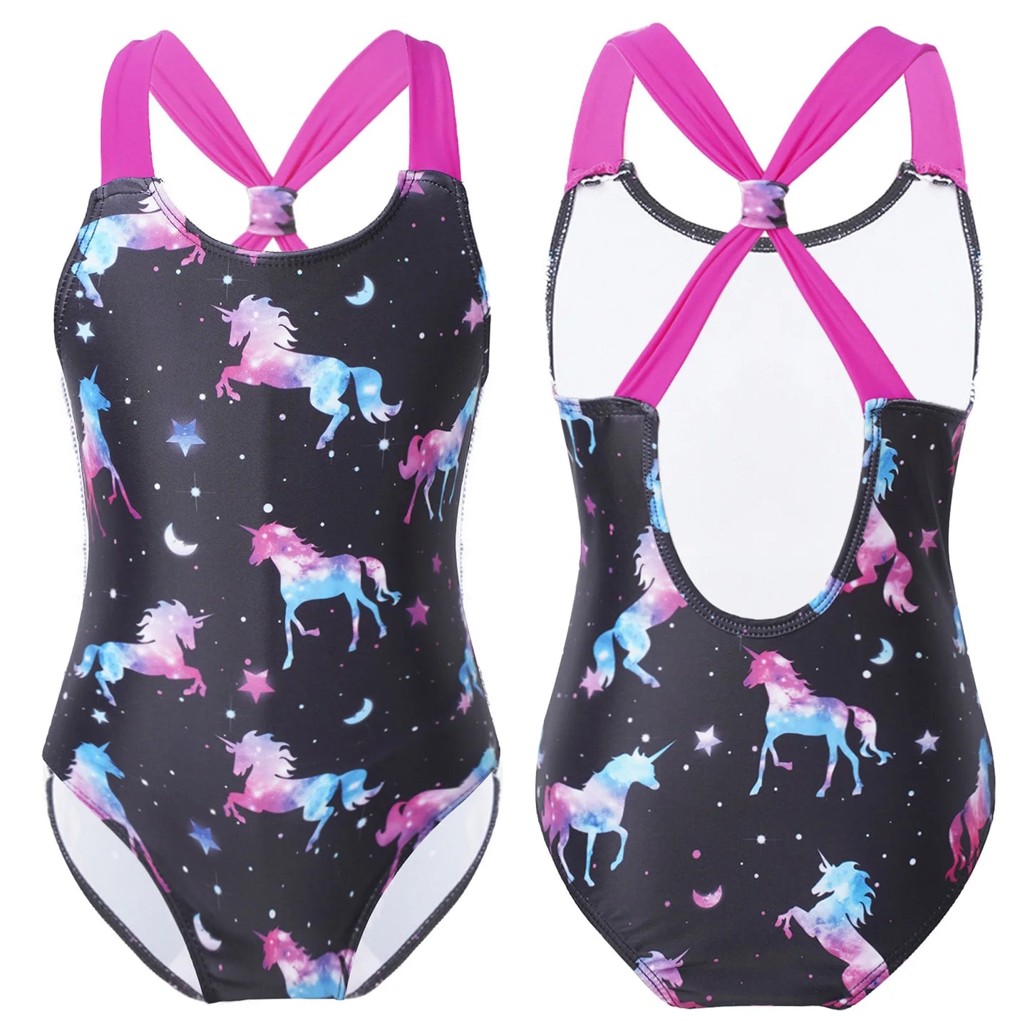 Girls Printed Swimsuit One-Piece Sleeveless Wide Shoulder Straps Sapphire for with Horse And Stars Pattern Printing