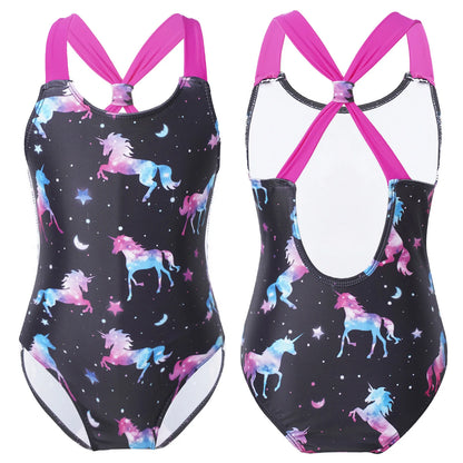 Girls Printed Swimsuit One-Piece Sleeveless Wide Shoulder Straps Sapphire for with Horse And Stars Pattern Printing