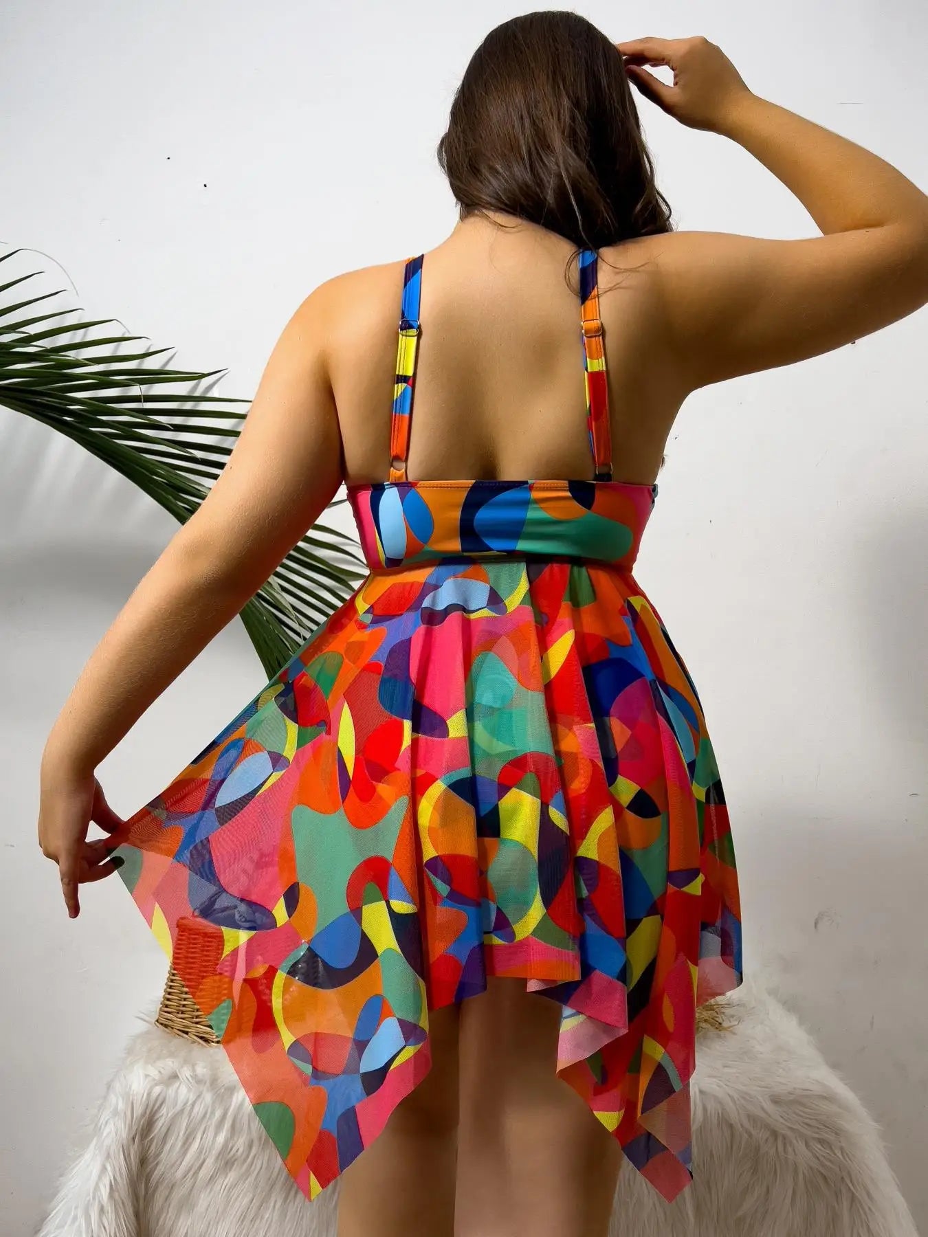 Color Print Strapped 2 Piece Plus Size Tankini Set Women Large High Waist Big Swimsuit Brazilian Lady Curvy Bathing Suit