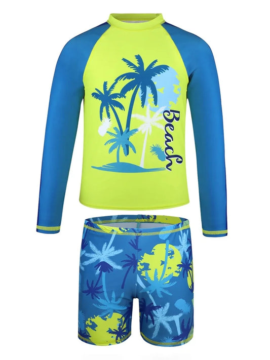 Boy Kids Swimsuit Solid Coconut Tree Long Sleeve Children Swimwear Summer Split 2 Piece Beachwear Bathing Suit Swimming