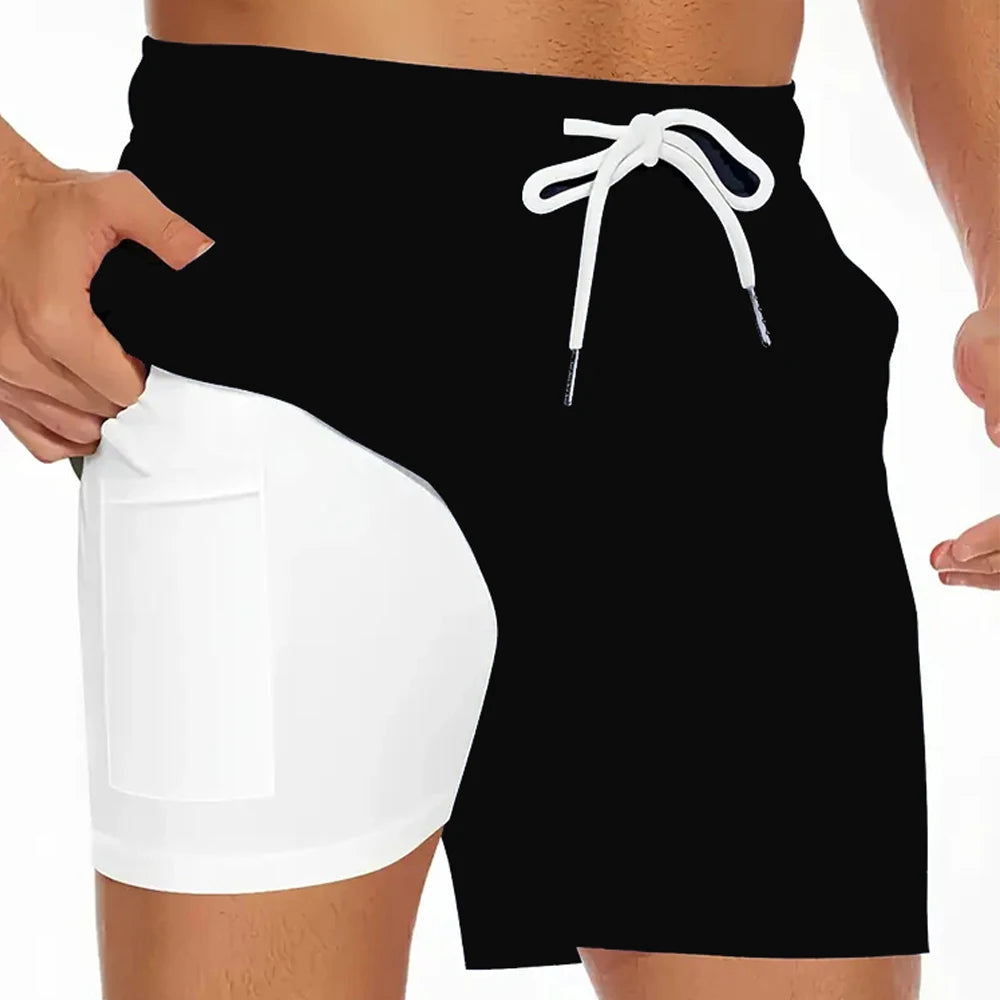 Men Summer Quick Dry Beach Board Shorts Breathable with Compression Liner & Phone Pocket Elastic Waist Multiple Colors Available