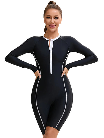 Rash Guard Suit Patchwork Sport One Piece Swimsuit For Women Zipper Long Sleeves Swimwear Female Professional Bathing Suits Beachwear