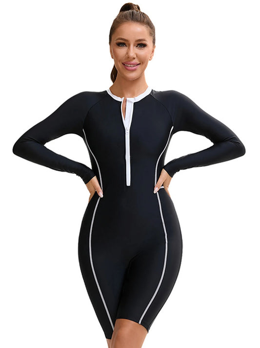 Rash Guard Suit Patchwork Sport One Piece Swimsuit For Women Zipper Long Sleeves Swimwear Female Professional Bathing Suits Beachwear