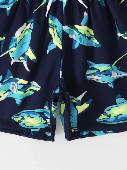Boy Kids Swimsuit Cartoon Shark Long Sleeves Children Swimwear Summer Two Piece Beachwear Shorts Bathing Suit Swimming