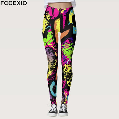 FCCEXIO Summer Geometric Graffiti Print Women's Sports Leggings High Waist Running Tight Fitness Workout Yoga Gym Pants S-3XL