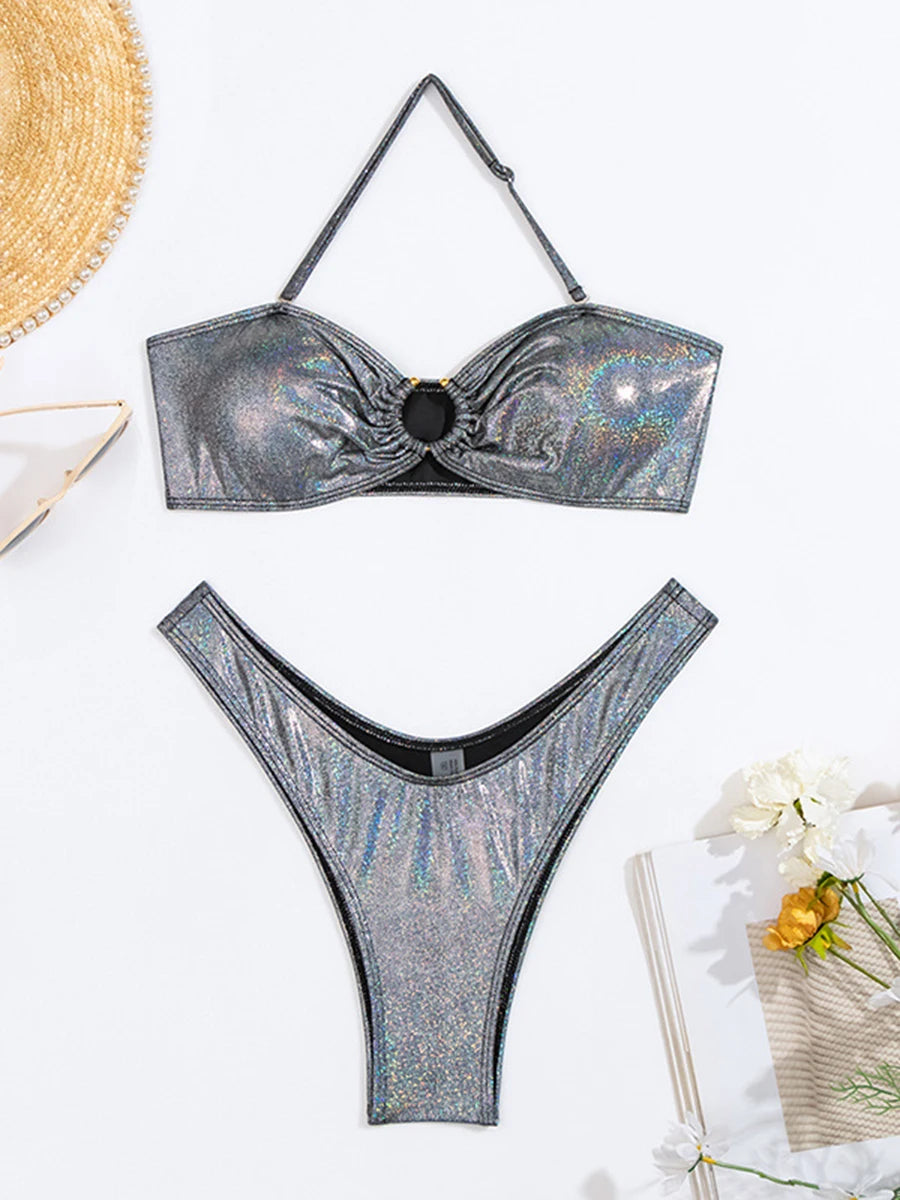 Halter Ring Link Thong Bikini Set High Cut Swimsuit Women Swimwear Female Bathers Bathing Swimming Swim Suit Beachwear