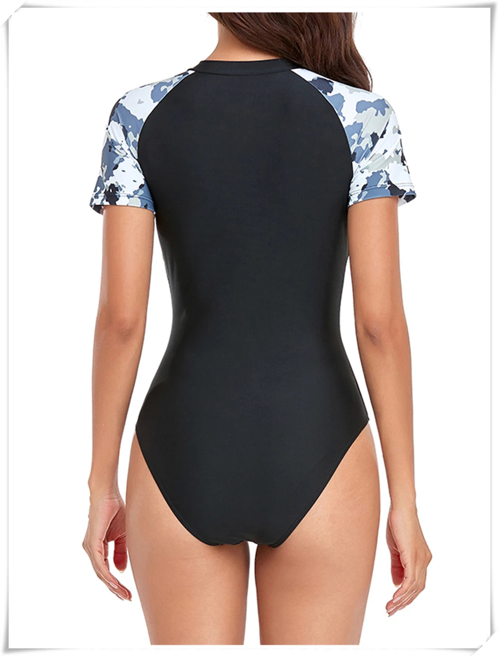 Short Sleeve Zipper One Piece Swimsuit Zebra Print Swimwear Women Diving Clothes Surfing Beachwear Bathing Swimming Suit
