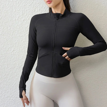 Gym Jacket With pockets slim fit yoga jackets Thumbhole Long Sleeve Gym Jackets Compression Sports Compress Jackets Women Workout