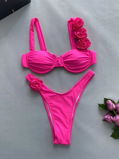 Strappy Bikinis 3D Floral Swimsuit Women Separation Swimwear Female Bathers Bathing Swimming Suit Beachwear