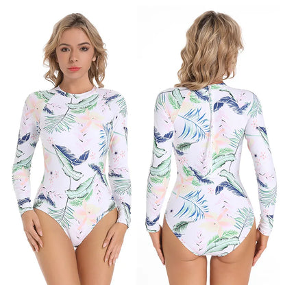 Rash Guard Swimwear Women Print Floral One Piece Swimsuit Long Sleeve Bathing Suit Retro Swimsuit Vintage Beach Wear Surfing Swim Suit