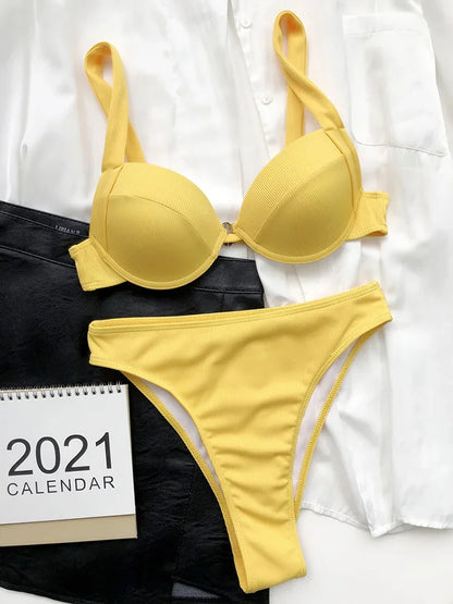 Ribbed Bra Cup High Waist Bikini Women Swimsuit Female Swimwear Two Pieces Bikini set Push Up Bather Bathing Suit Swim Lady