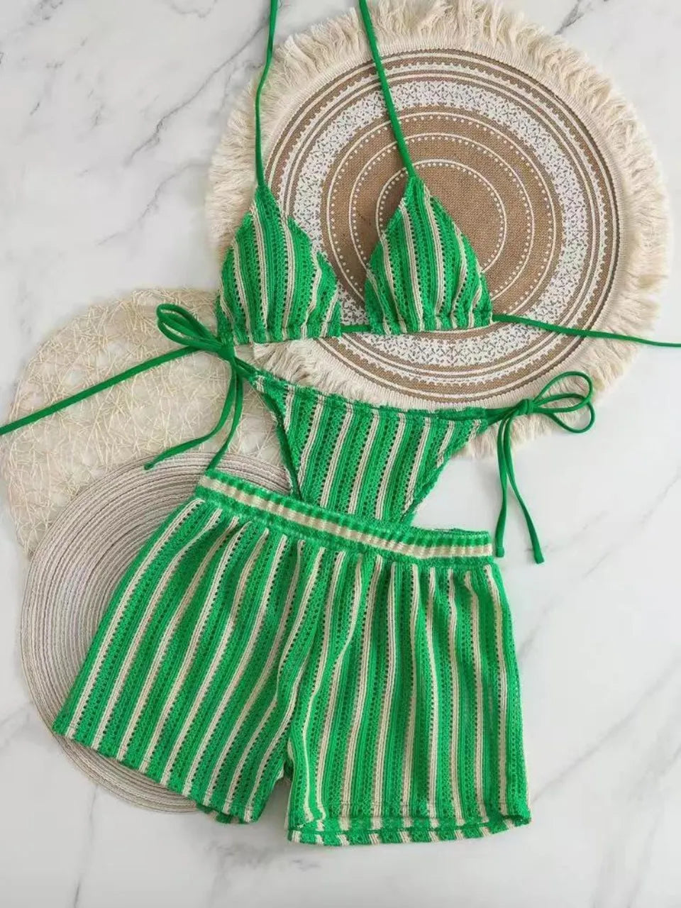 3 Pieces Halter Bikini Striped Print Swimsuit With Mesh Shorts Swimwear Female Bathers Bathing Swimming Suit Beachwear