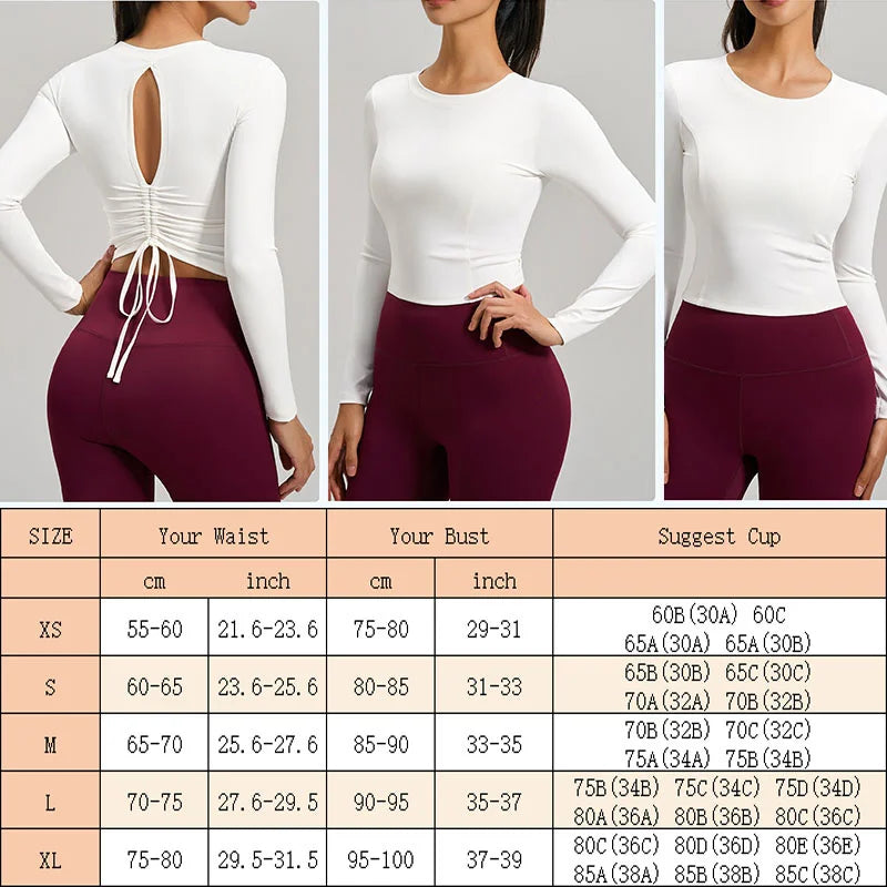 Women's Long-Sleeve Cut-Out Back Yoga Crop Top with Built-In Bra