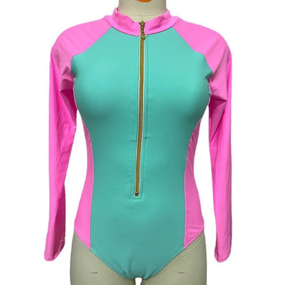 Patchwork One-Piece Swimsuit Long Sleeve Swimwear Sports Backless Women's Swimming Bathing Suit Beach Wear Bather Surfing