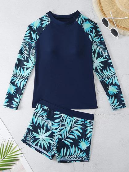 Long Sleeve Surfing Swimsuit Print Swimwear Women Two Pieces Diving Clothes Beachwear Bathing Swimming Swim Suit