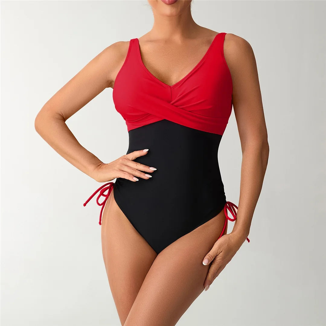S - XXL Splicing V Neck Backless Women Swimwear One Piece Swimsuit Female High Leg Cut Padded Bather Bathing Suit Swim