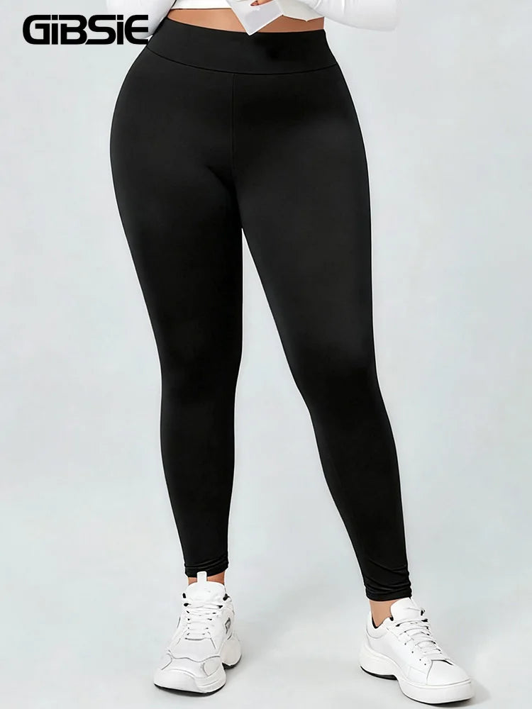 GIBSIE Plus Size Black High Waist Leggings Woman Fashion Slim Fit Elastic Leggings Female Sports Casual Workout Pencil Pants