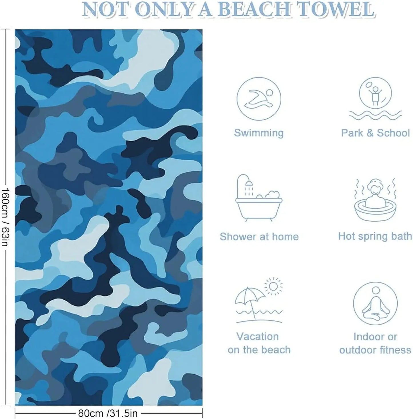 Blue camouflage pattern beach towel Oversized microfiber towel pool bath towel Lightweight for swimmers