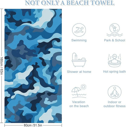 Blue camouflage pattern beach towel Oversized microfiber towel pool bath towel Lightweight for swimmers