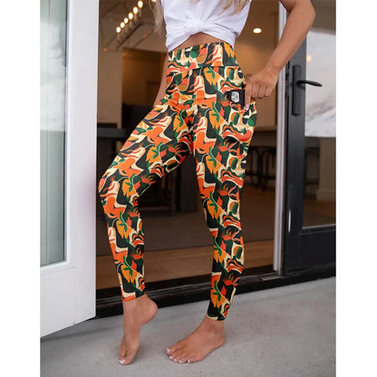 High Waist Women's Fitness Leggings 3D Digital Print Sexy Pocket Elastic Pants Fashionable Gym Trousers