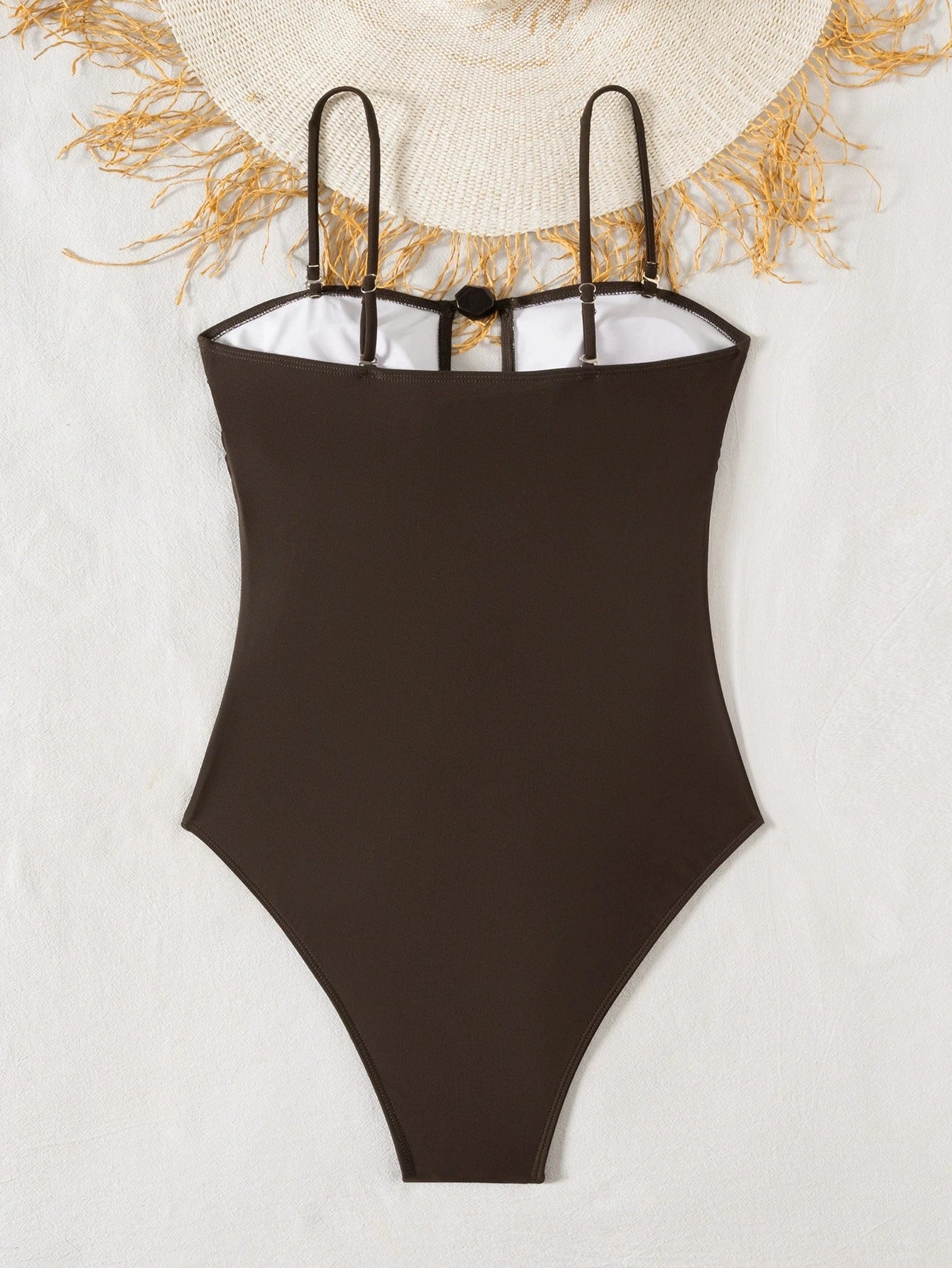 Vintage Coffee One Piece Swimsuit Women Hollow Out Button Slim Fit Tummy Control Swimwear Beach Bathing Suit Pool Monokini