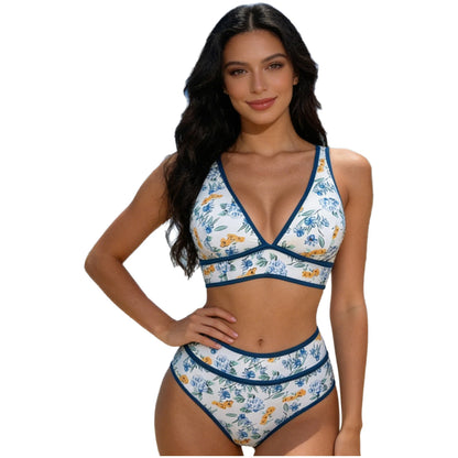 Women's Two Piece Printed Bikini Swimsuit Sets Two Pieces Swimwear V Neck High Waisted Color Block Sports Swimming Bathing Suit