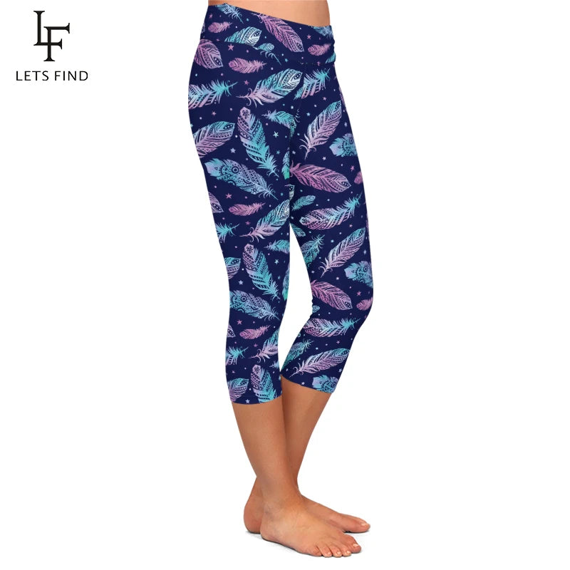 3D Feather Digital Print Leggings High Waist  Mid-Calf 3/4 Stretch Leggings Women Pants Summer New