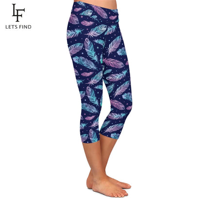 3D Feather Digital Print Leggings High Waist  Mid-Calf 3/4 Stretch Leggings Women Pants Summer New