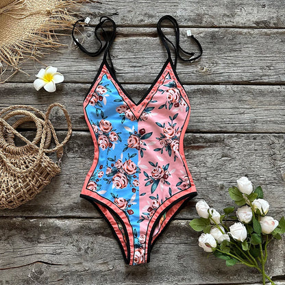 Double -sided wear One Piece Swimsuit Shoulder Strappy Swimsuit Floral Print Swimwear Women Backless Bathing Suit