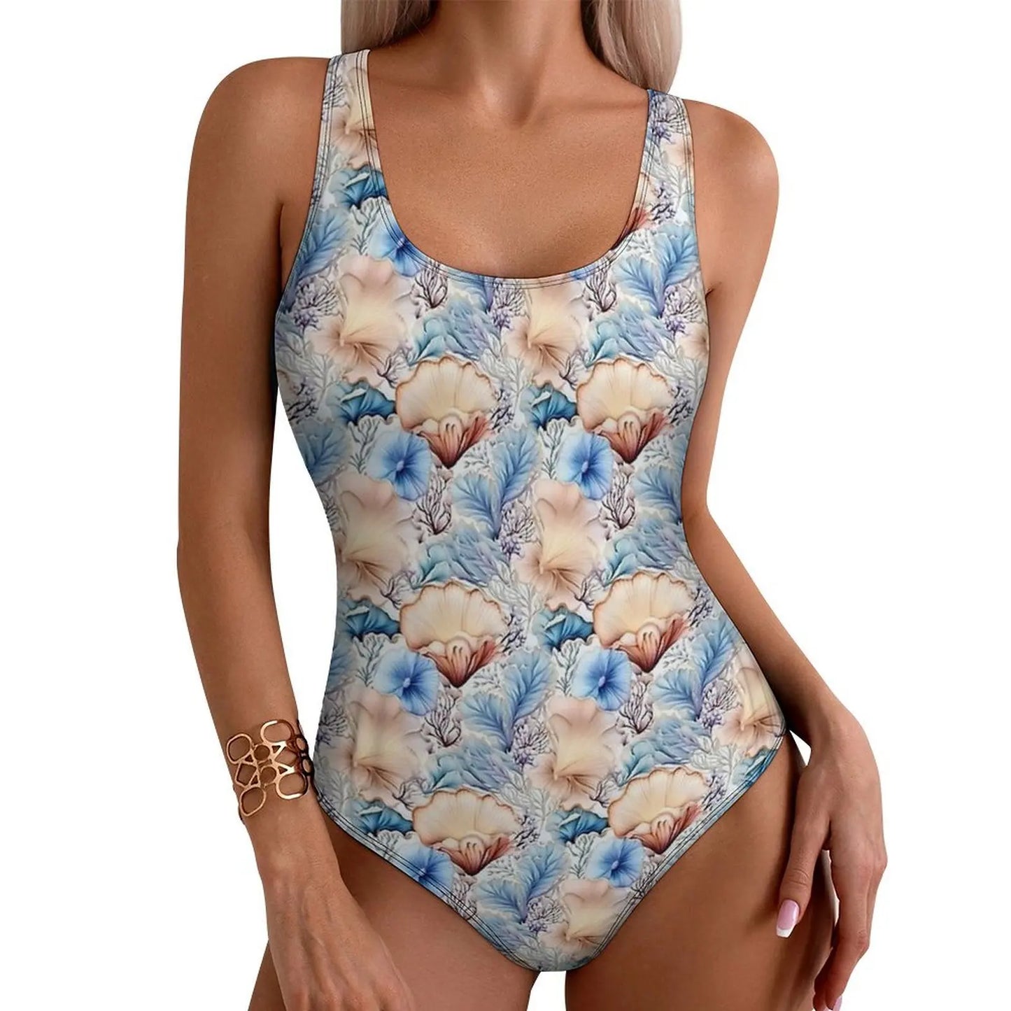 Colorful Sea Shells Print Swimsuit  One Piece Swimwear Push Up Novelty Monokini Sexy Holiday Swim Design Swimsuits
