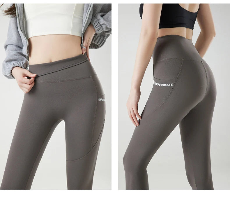 Pocket Brushed Shark Leggings Women Autumn Light Fleece Phone Leggings Slim Tight-Fit Sports Yoga Fitness Leggings
