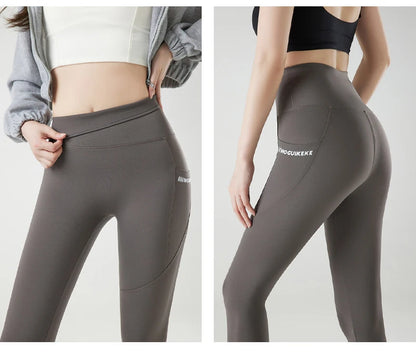 Pocket Brushed Shark Leggings Women Autumn Light Fleece Phone Leggings Slim Tight-Fit Sports Yoga Fitness Leggings