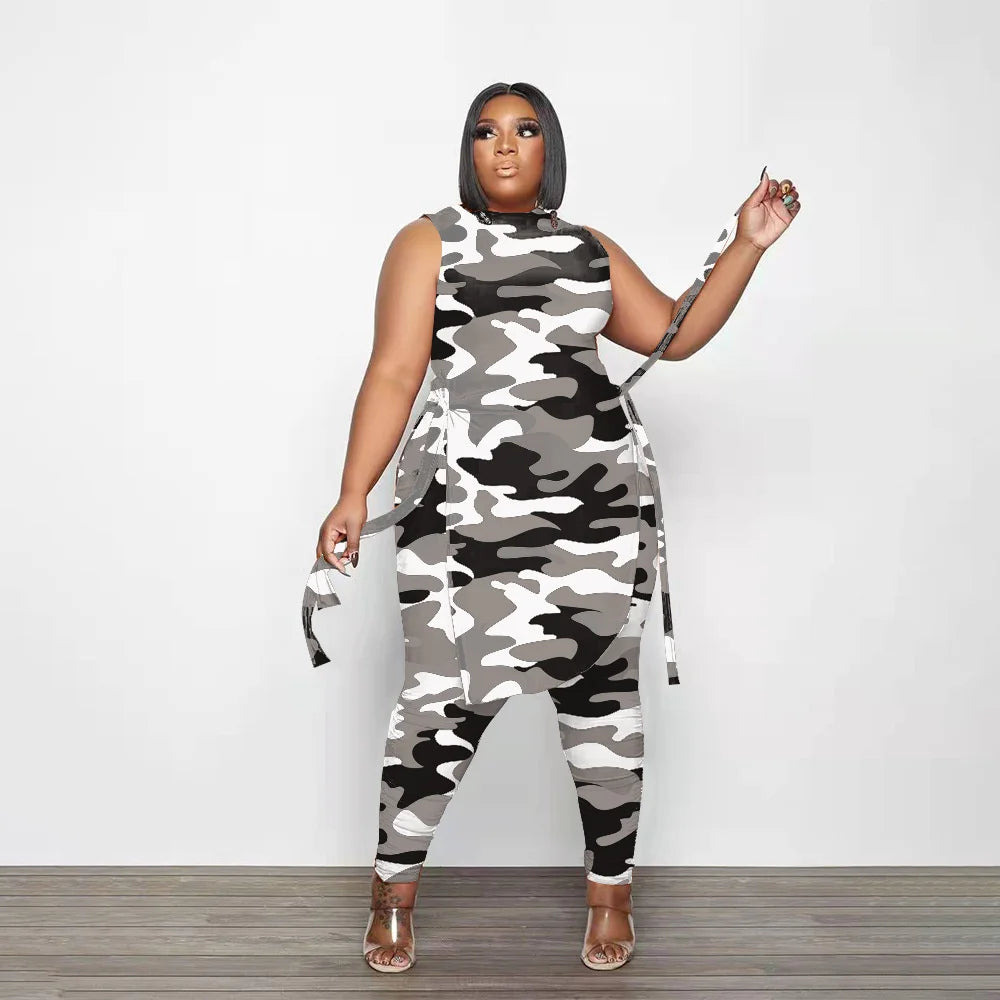 Camouflage Plus Size Women Clothing Two Piece Outfits Sleeveless Round Neck Bandage Crop Tops Pants Sets