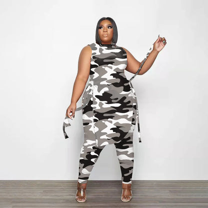Camouflage Plus Size Women Clothing Two Piece Outfits Sleeveless Round Neck Bandage Crop Tops Pants Sets