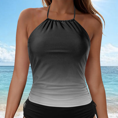Women's Gradient Tankini Swimsuit Hanging Neck Cover Tummy Suspender Tops Mid Waist Side Tie Solid Color Shorts Holiday Wear
