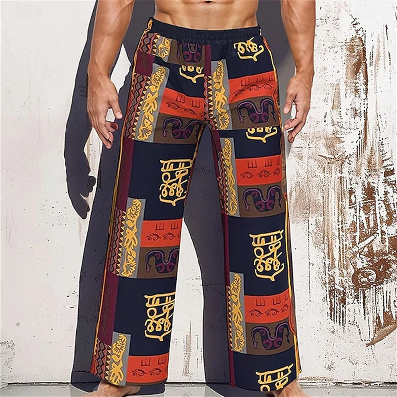 Men's Casual Patchwork Print Drawstring Straight-Leg Pants Relaxed Fit Hawaiian Vacation Trousers Comfortable And Breathable