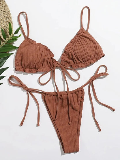 Swimsuit Pit stripe Bikini Women Swimwear  Bathing Suits Push Up Biquinis Bandage Beachwear Solid Bikini Sets