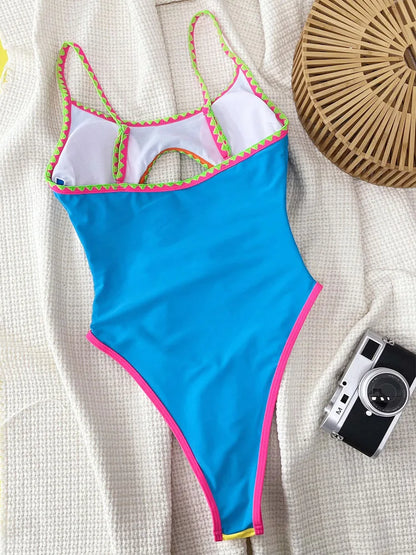 Patchwork Swimwear Women Strapped One Piece Swimsuit Brazilian Lady Monokini Hollow Beach Bathing Suit