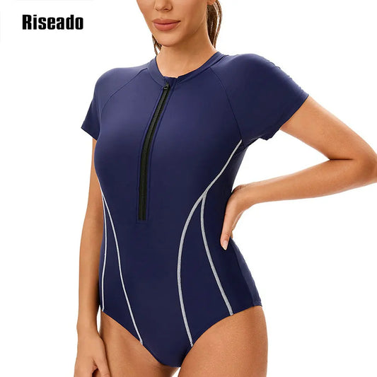 Riseado One-pieces Swimsuits Women Beachwear Short Sleeve Navy Sports Swimwear for Summer Surfing Swimming