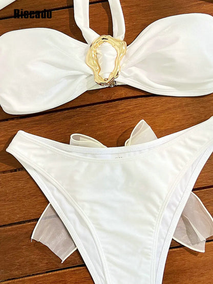 Women's Bandeau Bikinis Solid Cut-Out High Neck Halter Bikini Set Swimwear With bow Design on bottom