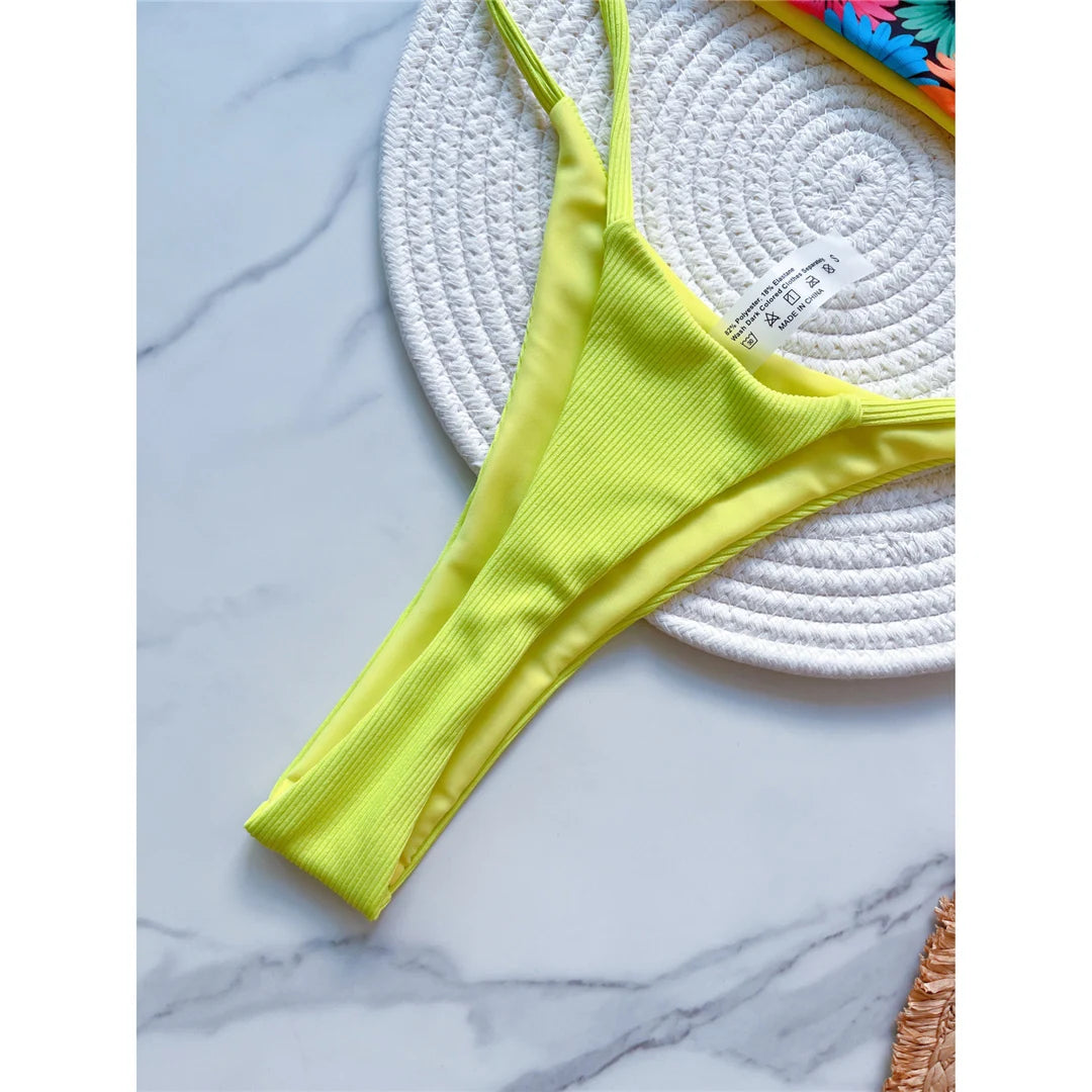 Flowers Printed Mini Thong High Cut Bikini Female Swimsuit Women Swimwear Two-pieces Bikini set Bather Bathing Suit Swim