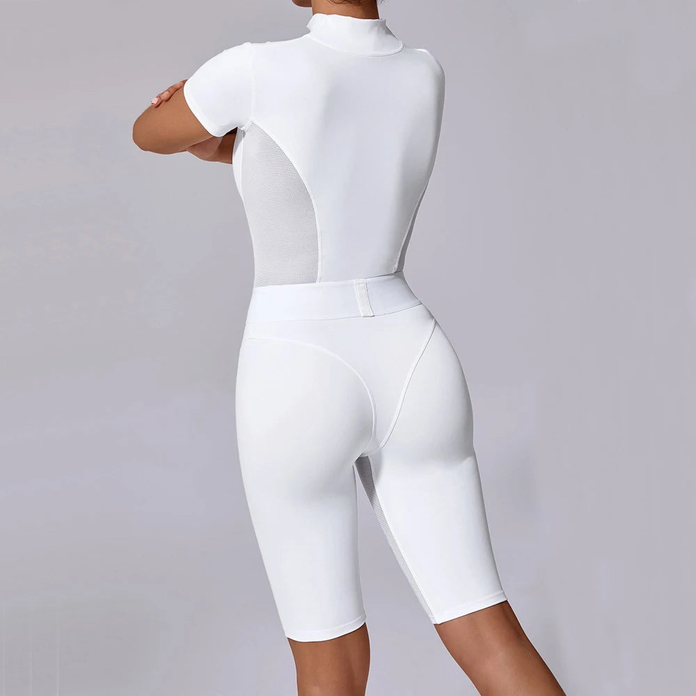 Nylon Yoga Jumpsuits Sports Fitness Hip-lifting Tights Short Sleeve Zipper Yoga Workout Gym Leggings Sportswear for Women