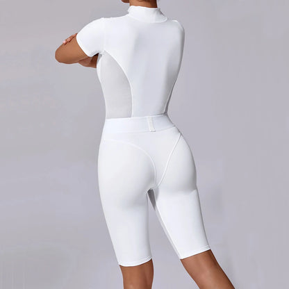 Nylon Yoga Jumpsuits Sports Fitness Hip-lifting Tights Short Sleeve Zipper Yoga Workout Gym Leggings Sportswear for Women