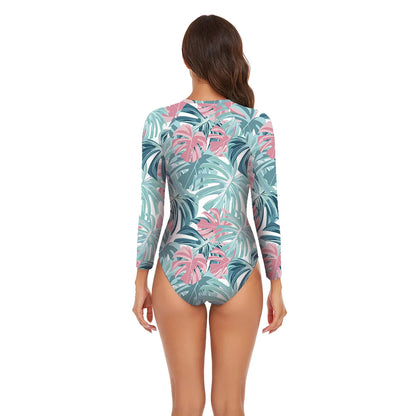Womens Athletic One Piece Swimsuits Rashguard Long Sleeve Swimsuit Sports Surfing Swimwear Bathing Suits Printed Half Zipper XXL