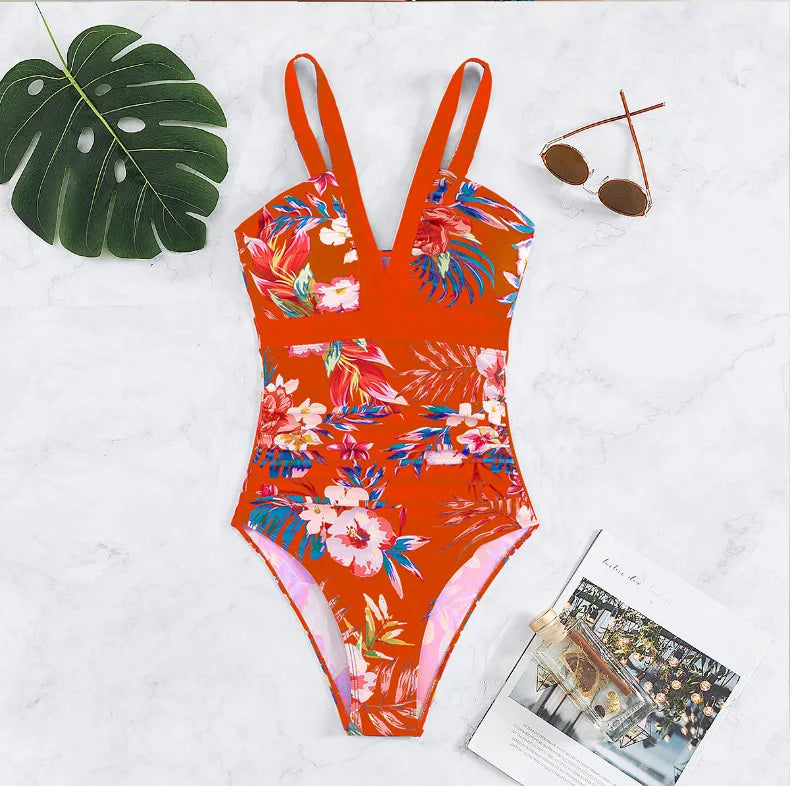 One Piece Swimsuit Women Swimwear Push Up Monokini Plunge Bathing Suit Floral Bodysuit Beach Wear Female Swimsuit
