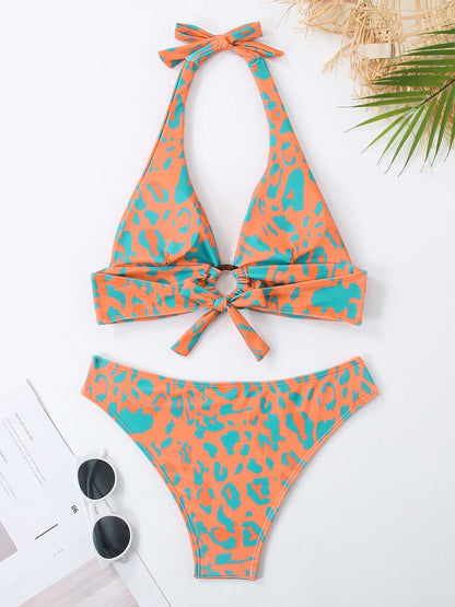 Halter Leopard Two Piece Bikini Women Swimsuit Female Padded Swimwear Bathers Bathing Swimming Swim Suit Summer Beachwear