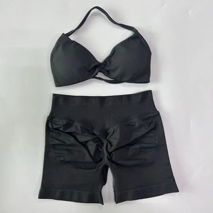 2PCS Gym Set Women Strappy Yoga Bra Top High Waist Workout Scrunch Shorts Sports Suit Seamless Yoga Set Fitness Clothes